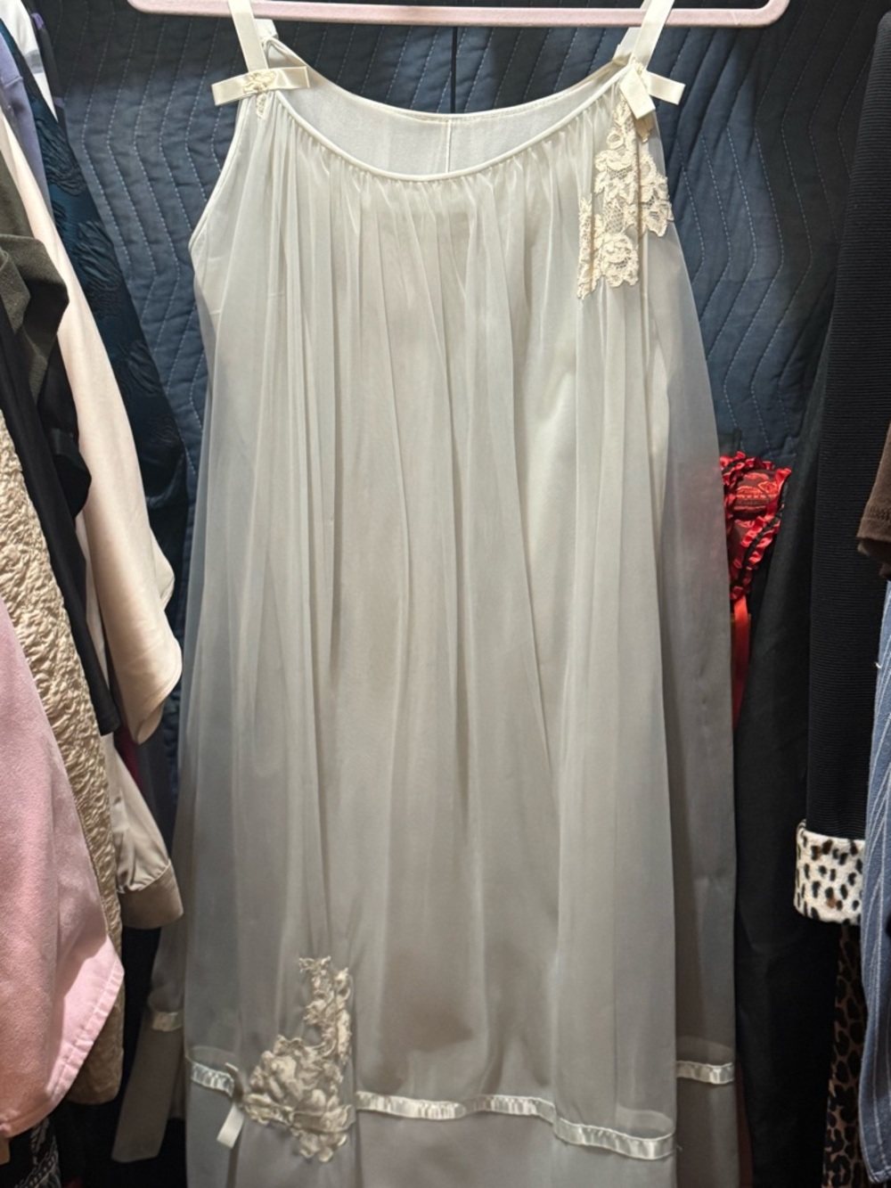 VINTAGE Sheer Ivory/Blue Lace Trim Nightgown Slip
